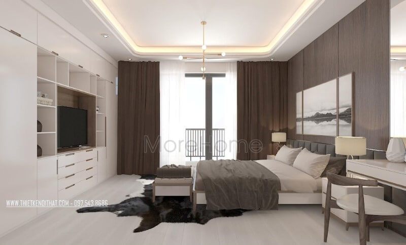 Bố trí nội thất phòng ngủ master hiện đại đẹp và thông thoáng với cửa kính chiếm trọn mảng tường để bạn có thể tận hưởng cảm giác tuyệt vời từ thiên nhiên.