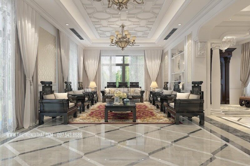 Trang trí nội thất phòng khách của biệt thự cao cấp đã tạo ra một ấn tượng sâu sắc.